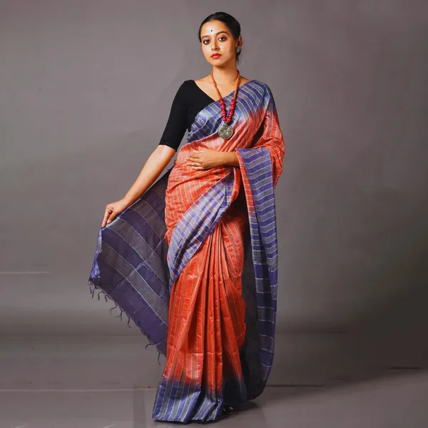 Bhagalpuri_Semi_Tussar_Silk_Striped_Two_Dye_Saree_(Rough_Orange_&_Martinie_Blue)