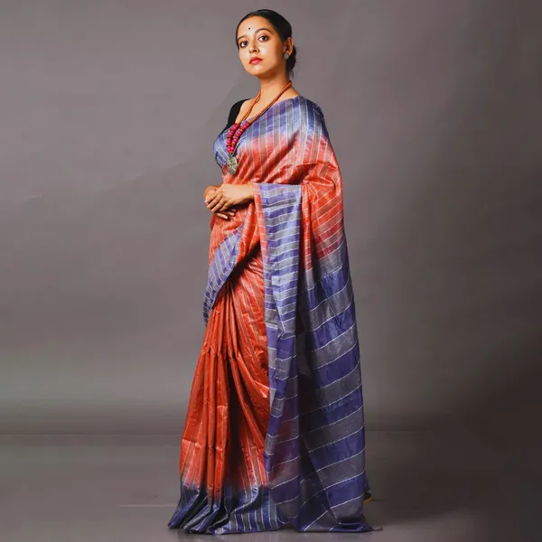 Bhagalpuri_Semi_Tussar_Silk_Striped_Two_Dye_Saree_(Rough_Orange_&_Martinie_Blue)