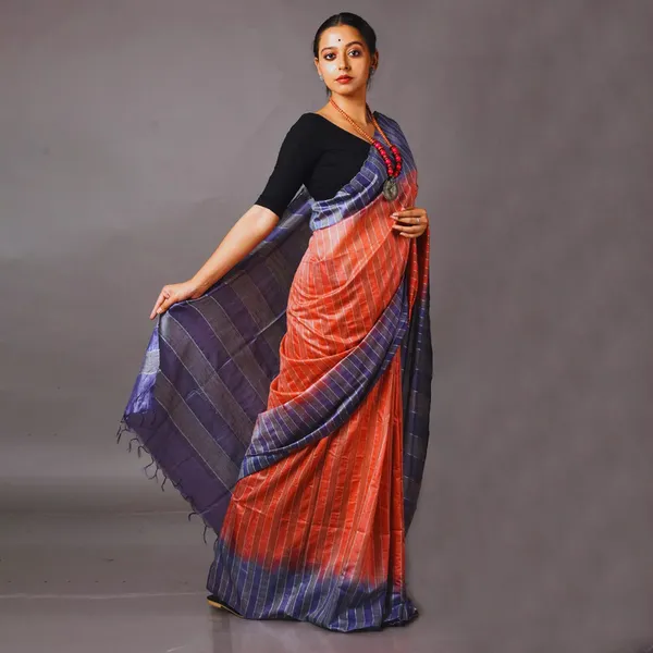 Bhagalpuri_Semi_Tussar_Silk_Striped_Two_Dye_Saree_(Rough_Orange_&_Martinie_Blue)