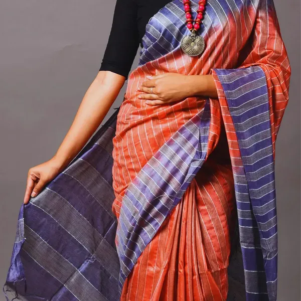 Bhagalpuri_Semi_Tussar_Silk_Striped_Two_Dye_Saree_(Rough_Orange_&_Martinie_Blue)