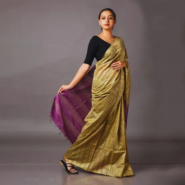 Semi_Tussaqr_Silk_Handloom_Bhagalpuri_Striped_Two_Dye_Saree_(Tussock_Brown_&_Electric_Purple)