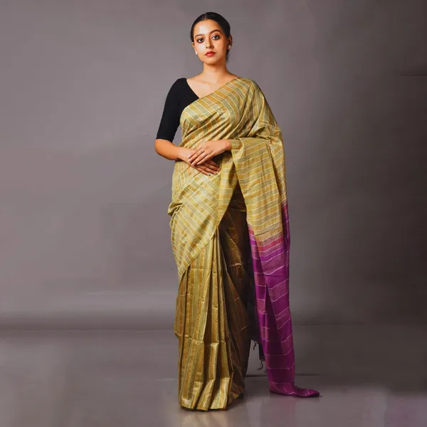 Semi_Tussaqr_Silk_Handloom_Bhagalpuri_Striped_Two_Dye_Saree_(Tussock_Brown_&_Electric_Purple)