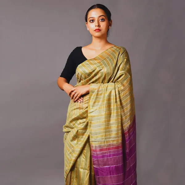 Semi_Tussaqr_Silk_Handloom_Bhagalpuri_Striped_Two_Dye_Saree_(Tussock_Brown_&_Electric_Purple)