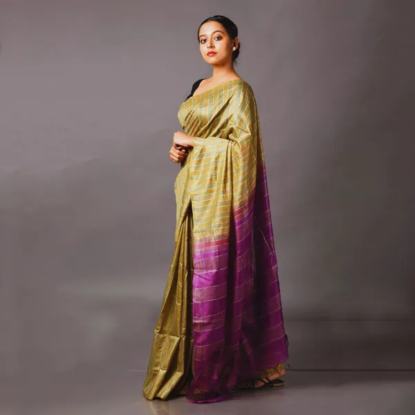 Semi_Tussaqr_Silk_Handloom_Bhagalpuri_Striped_Two_Dye_Saree_(Tussock_Brown_&_Electric_Purple)