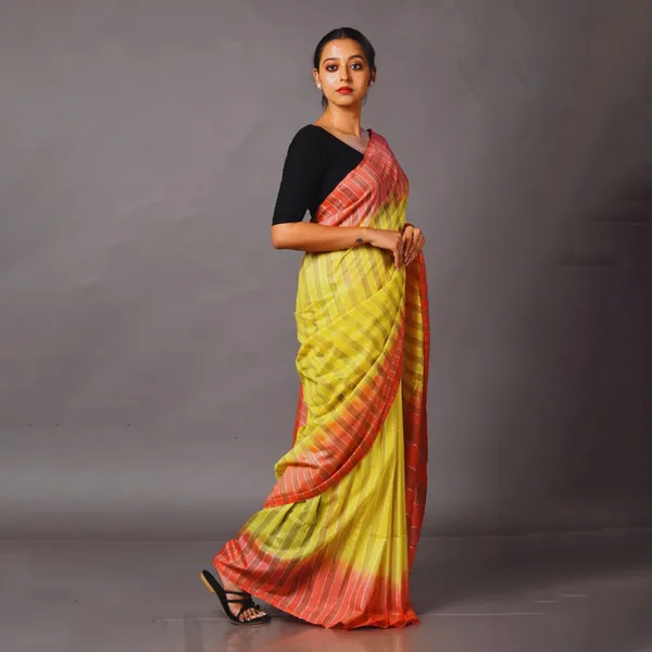 Striped_Handloom_Semi_Tussar_Silk_Bhagalpuri_Two_Dye_Saree_(Wallte_Yellow_&_Jaffy_Orange)