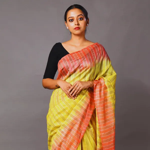 Striped_Handloom_Semi_Tussar_Silk_Bhagalpuri_Two_Dye_Saree_(Wallte_Yellow_&_Jaffy_Orange)