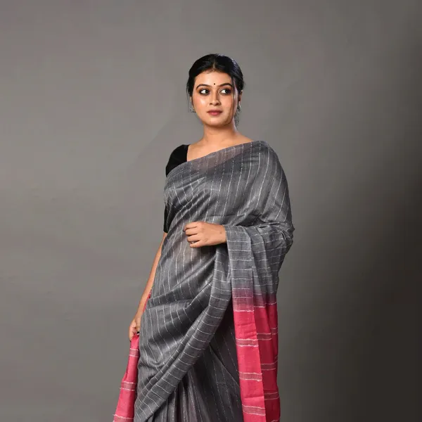 Women's_Handloom_Two_Dye_Jute_Silk_Striped_Bhagalpuri_Saree_(Cerise_Pink_&_Grey)