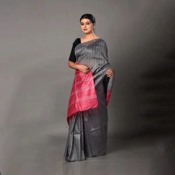 Women's_Handloom_Two_Dye_Jute_Silk_Striped_Bhagalpuri_Saree_(Cerise_Pink_&_Grey)