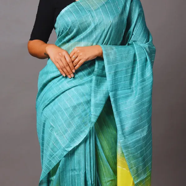 Handloom_Jute_Silk_Bhagalpuri_Two_Dye_Striped_Saree_(Douwny_Turquoise_&_Canary_Yellow)