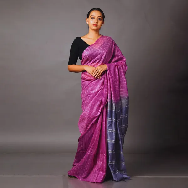 Two_Dye_Handloom_Bhagalpuri_Striped_Semi_Tussar_Silk_Saree_(Madin_Magenta_&_Martinie_Blue)