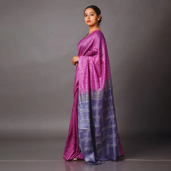 Two_Dye_Handloom_Bhagalpuri_Striped_Semi_Tussar_Silk_Saree_(Madin_Magenta_&_Martinie_Blue)