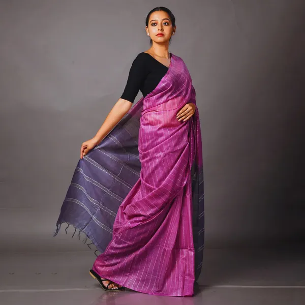 Two_Dye_Handloom_Bhagalpuri_Striped_Semi_Tussar_Silk_Saree_(Madin_Magenta_&_Martinie_Blue)