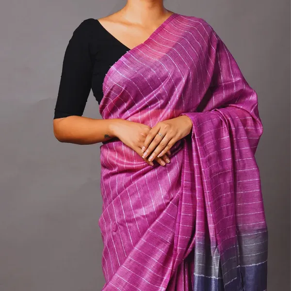 Two_Dye_Handloom_Bhagalpuri_Striped_Semi_Tussar_Silk_Saree_(Madin_Magenta_&_Martinie_Blue)