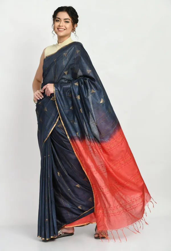 Women's_Handloom_Two_Dye_Semi_Tussar_Silk_Striped_Temple_Motif_Bhagalpuri_Saree_(Black_&_Terracota_Red)