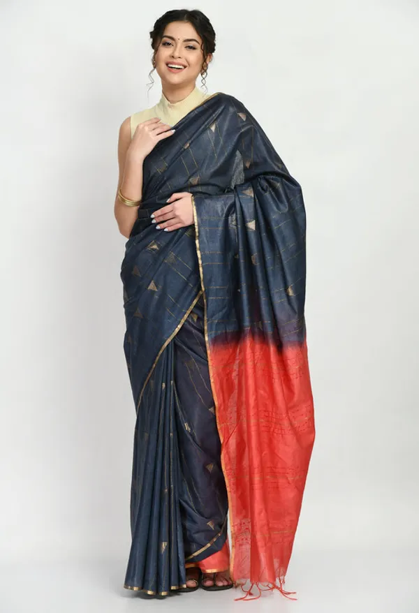Women's_Handloom_Two_Dye_Semi_Tussar_Silk_Striped_Temple_Motif_Bhagalpuri_Saree_(Black_&_Terracota_Red)
