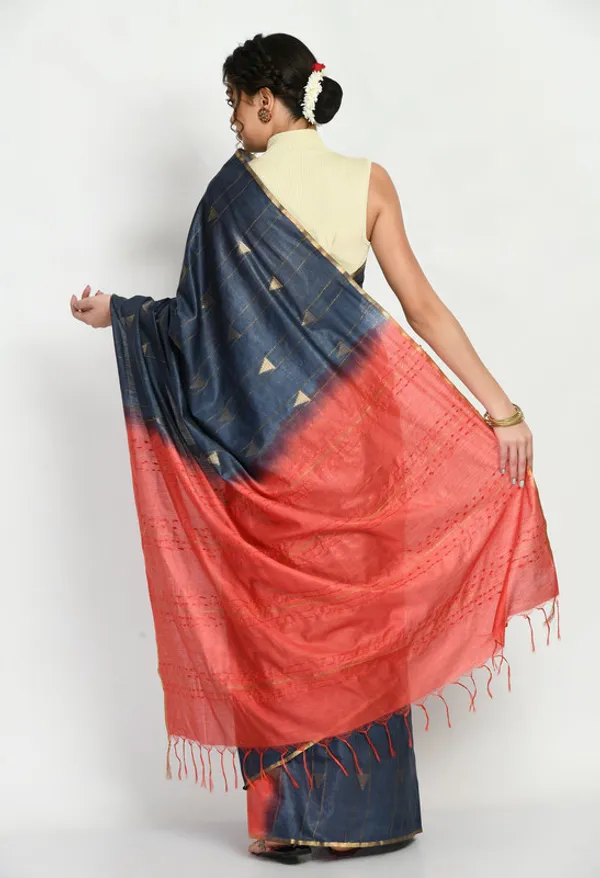 Women's_Handloom_Two_Dye_Semi_Tussar_Silk_Striped_Temple_Motif_Bhagalpuri_Saree_(Black_&_Terracota_Red)