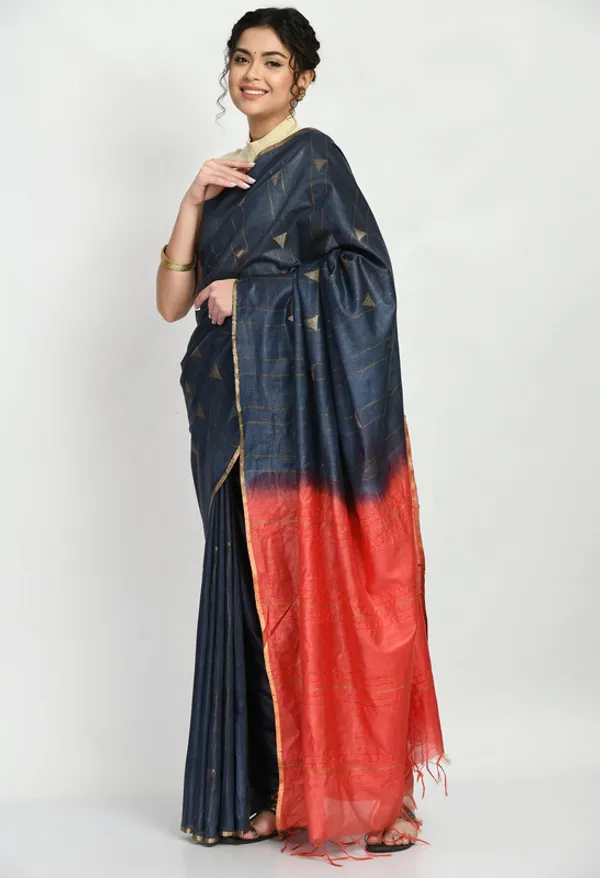 Women's_Handloom_Two_Dye_Semi_Tussar_Silk_Striped_Temple_Motif_Bhagalpuri_Saree_(Black_&_Terracota_Red)