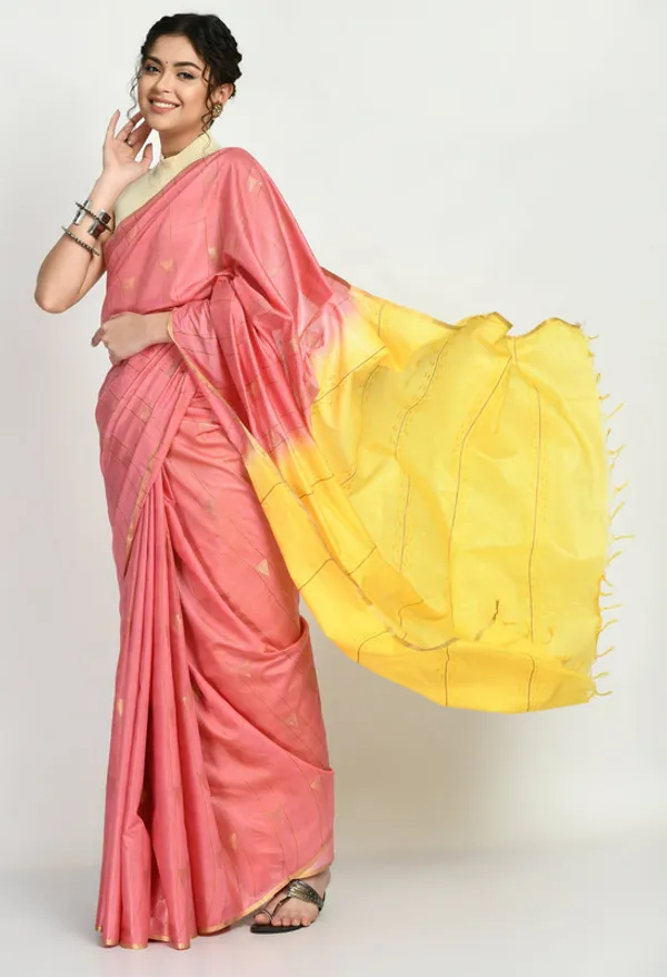 Handloom_Semi_Tussar_Silk_Bhagalpuri_Two_Dye_Striped_Temple_Motif_Saree_(Blush_Pink_&_Canary_Yellow)