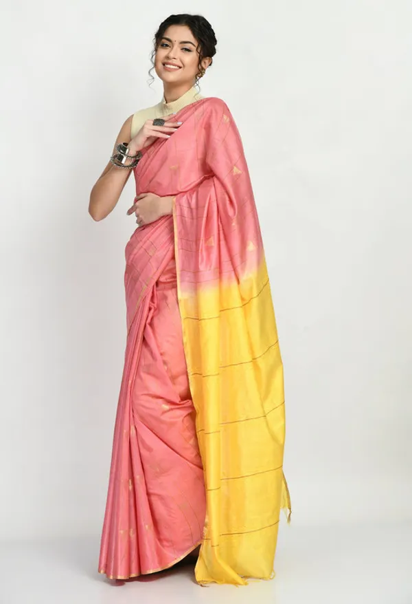 Handloom_Semi_Tussar_Silk_Bhagalpuri_Two_Dye_Striped_Temple_Motif_Saree_(Blush_Pink_&_Canary_Yellow)