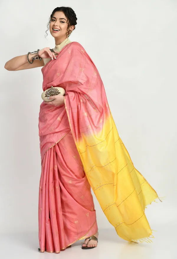 Handloom_Semi_Tussar_Silk_Bhagalpuri_Two_Dye_Striped_Temple_Motif_Saree_(Blush_Pink_&_Canary_Yellow)