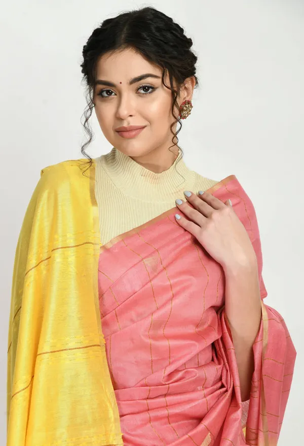 Handloom_Semi_Tussar_Silk_Bhagalpuri_Two_Dye_Striped_Temple_Motif_Saree_(Blush_Pink_&_Canary_Yellow)