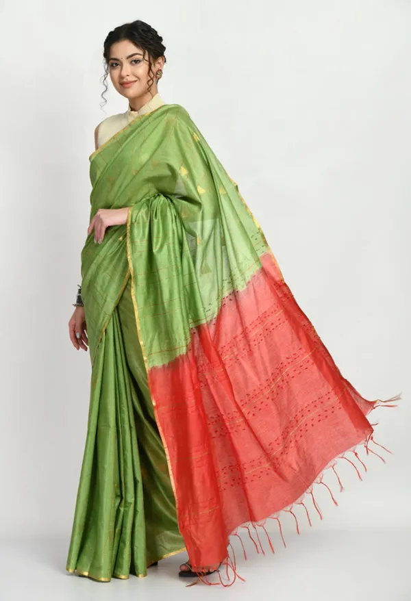 Two_Dye_Handloom_Bhagalpuri_Striped_Semi_Tussar_Silk_Temple_Motif_Saree_(Olivine_Green_&_Tereracota_Red)
