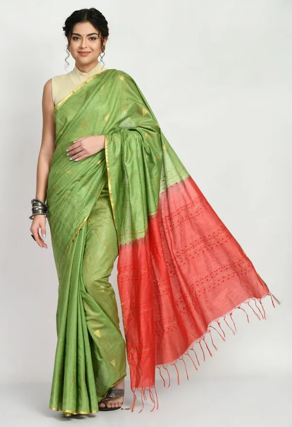 Two_Dye_Handloom_Bhagalpuri_Striped_Semi_Tussar_Silk_Temple_Motif_Saree_(Olivine_Green_&_Tereracota_Red)