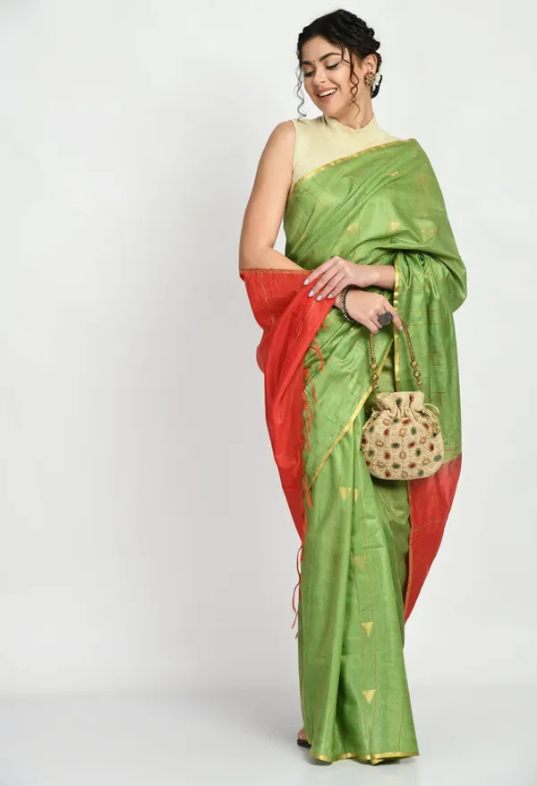 Two_Dye_Handloom_Bhagalpuri_Striped_Semi_Tussar_Silk_Temple_Motif_Saree_(Olivine_Green_&_Tereracota_Red)