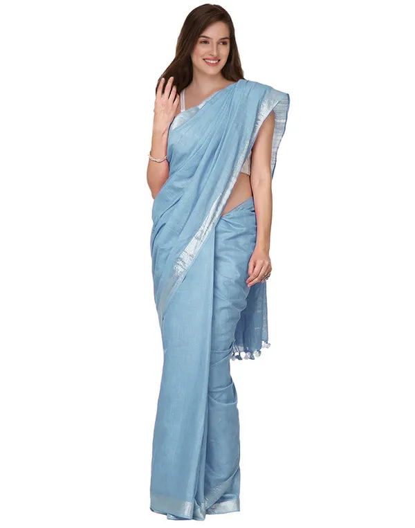 Uranian_Blue_women's_Cotton_Slub_Saree_With_Blouse_Piece