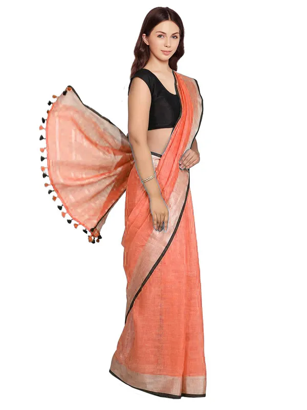 Carol_Orange_women's_Bhagalpuri_Blend_Linen_Saree_With_Black_Pipine_Contrast_Blouse_Piece
