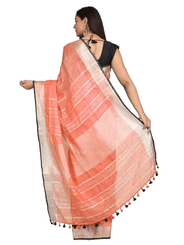 Carol_Orange_women's_Bhagalpuri_Blend_Linen_Saree_With_Black_Pipine_Contrast_Blouse_Piece