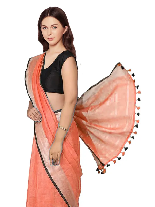 Carol_Orange_women's_Bhagalpuri_Blend_Linen_Saree_With_Black_Pipine_Contrast_Blouse_Piece
