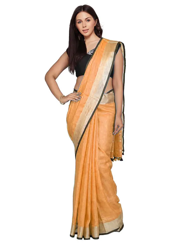 Carrot_Orange_women's_Bhagalpuri_Blend_Linen_Saree_With_Black_Pipine_Contrast_Blouse_Piece