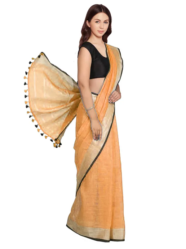 Carrot_Orange_women's_Bhagalpuri_Blend_Linen_Saree_With_Black_Pipine_Contrast_Blouse_Piece