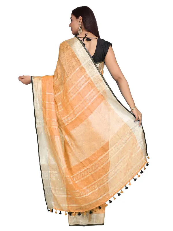 Carrot_Orange_women's_Bhagalpuri_Blend_Linen_Saree_With_Black_Pipine_Contrast_Blouse_Piece
