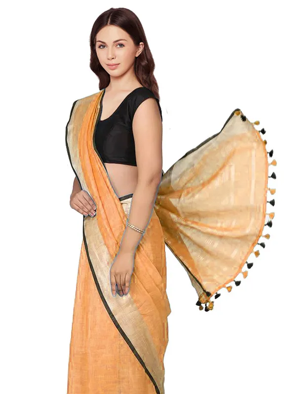 Carrot_Orange_women's_Bhagalpuri_Blend_Linen_Saree_With_Black_Pipine_Contrast_Blouse_Piece