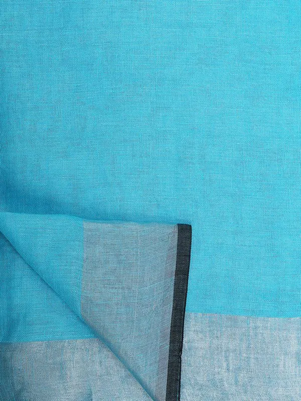 Cyan_women's_Bhagalpuri_Blend_Linen_Saree_With_Black_Pipine_Contrast_Blouse_Piece