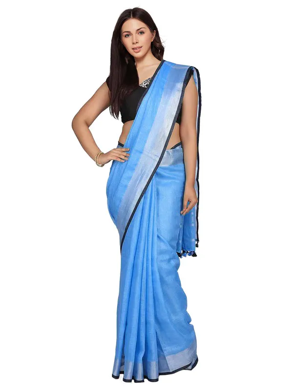 Dodger_Blue_women's_Bhagalpuri_Blend_Linen_Saree_With_Black_Pipine_Contrast_Blouse_Piece