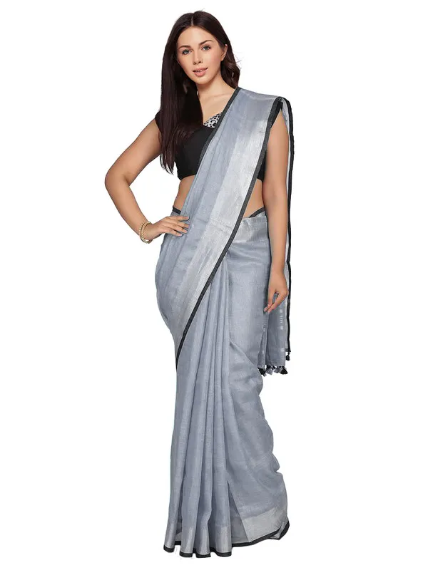 Grey__Bhagalpuri_Blend_Linen_Saree_With_Black_Pipine_Contrast_Blouse_Piece