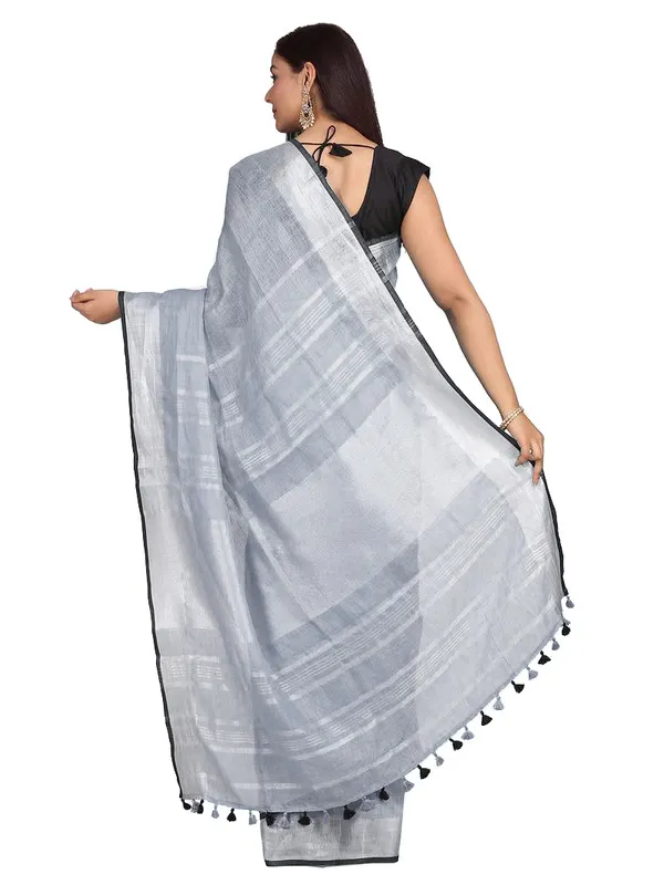 Grey__Bhagalpuri_Blend_Linen_Saree_With_Black_Pipine_Contrast_Blouse_Piece