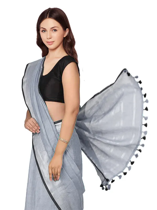 Grey__Bhagalpuri_Blend_Linen_Saree_With_Black_Pipine_Contrast_Blouse_Piece