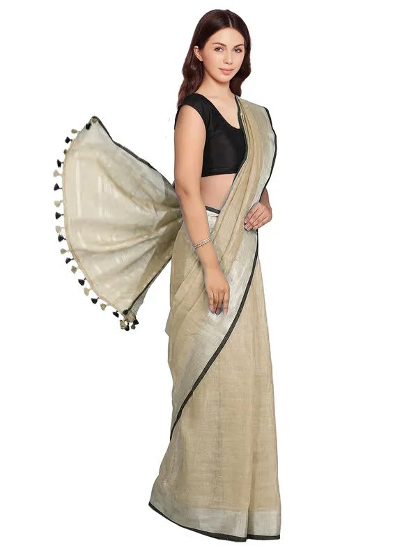 Khaki_Green_women's_Bhagalpuri_Blend_Linen_Saree_With_Black_Pipine_Contrast_Blouse_Piece