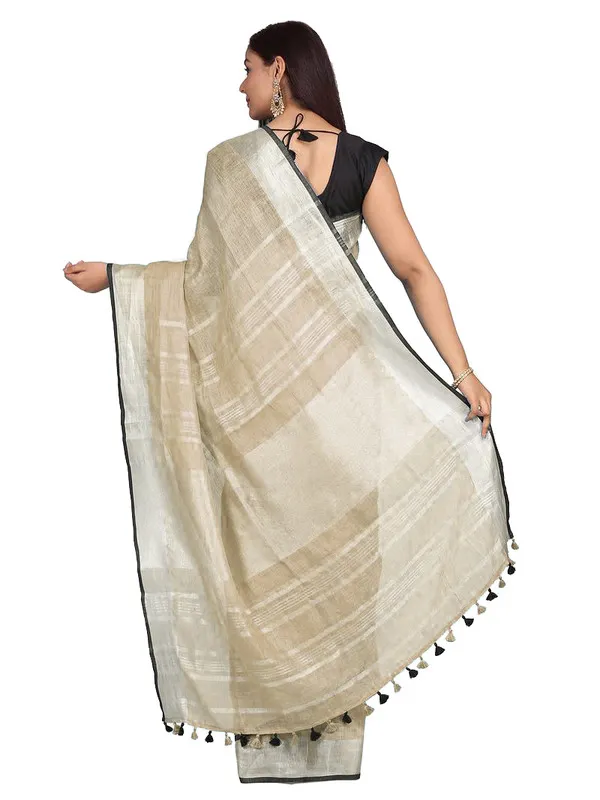 Khaki_Green_women's_Bhagalpuri_Blend_Linen_Saree_With_Black_Pipine_Contrast_Blouse_Piece