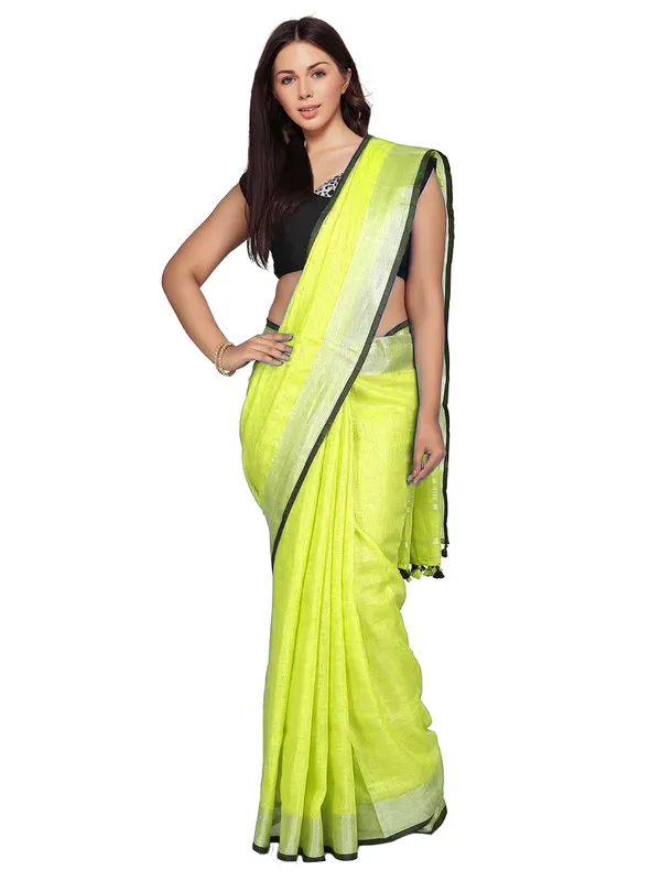 Lime_Green_women's_Bhagalpuri_Blend_Linen_Saree_With_Black_Pipine_Contrast_Blouse_Piece
