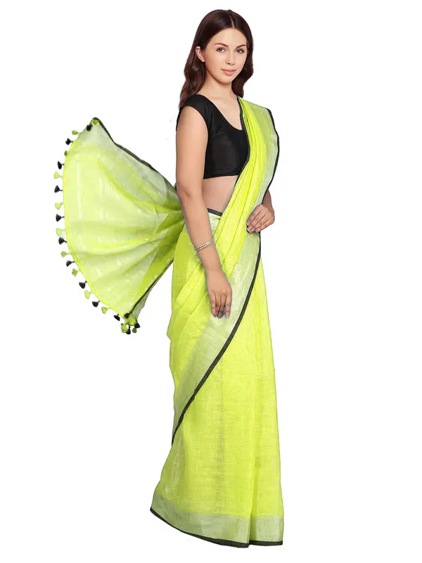 Lime_Green_women's_Bhagalpuri_Blend_Linen_Saree_With_Black_Pipine_Contrast_Blouse_Piece