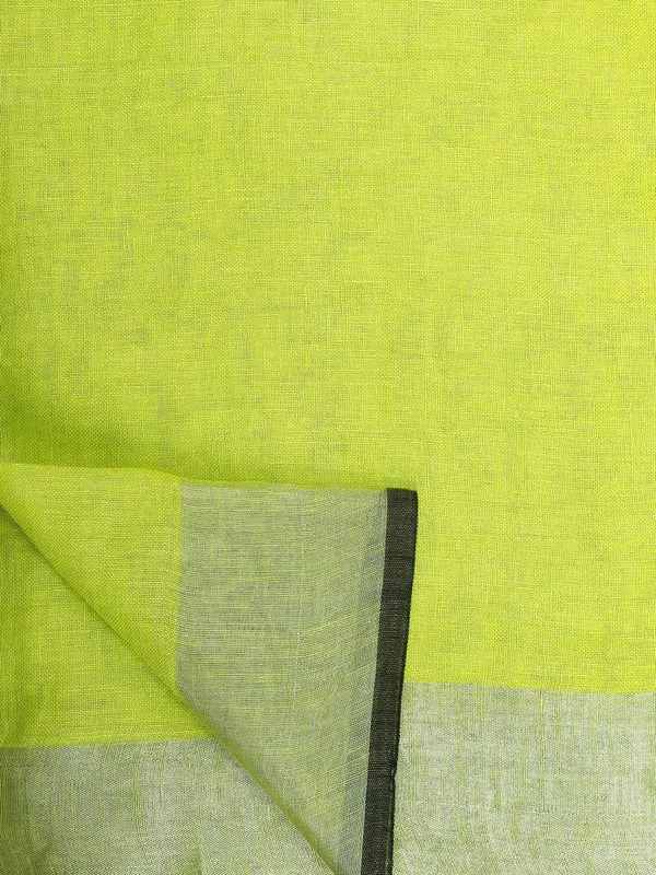 Lime_Green_women's_Bhagalpuri_Blend_Linen_Saree_With_Black_Pipine_Contrast_Blouse_Piece