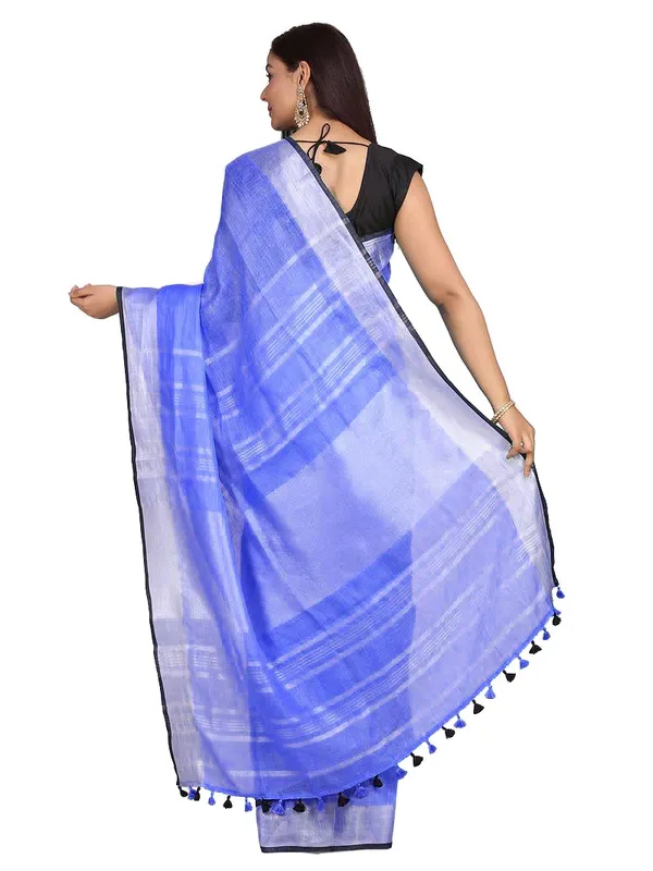 Neon_Blue_women's_Bhagalpuri_Blend_Linen_Saree_With_Black_Pipine_Contrast_Blouse_Piece