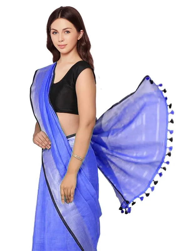 Neon_Blue_women's_Bhagalpuri_Blend_Linen_Saree_With_Black_Pipine_Contrast_Blouse_Piece