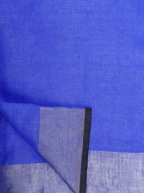 Neon_Blue_women's_Bhagalpuri_Blend_Linen_Saree_With_Black_Pipine_Contrast_Blouse_Piece