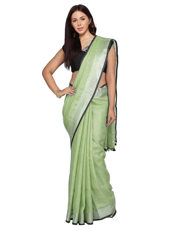 Pistachio_Green_women's_Bhagalpuri_Blend_Linen_Saree_With_Black_Pipine_Contrast_Blouse_Piece